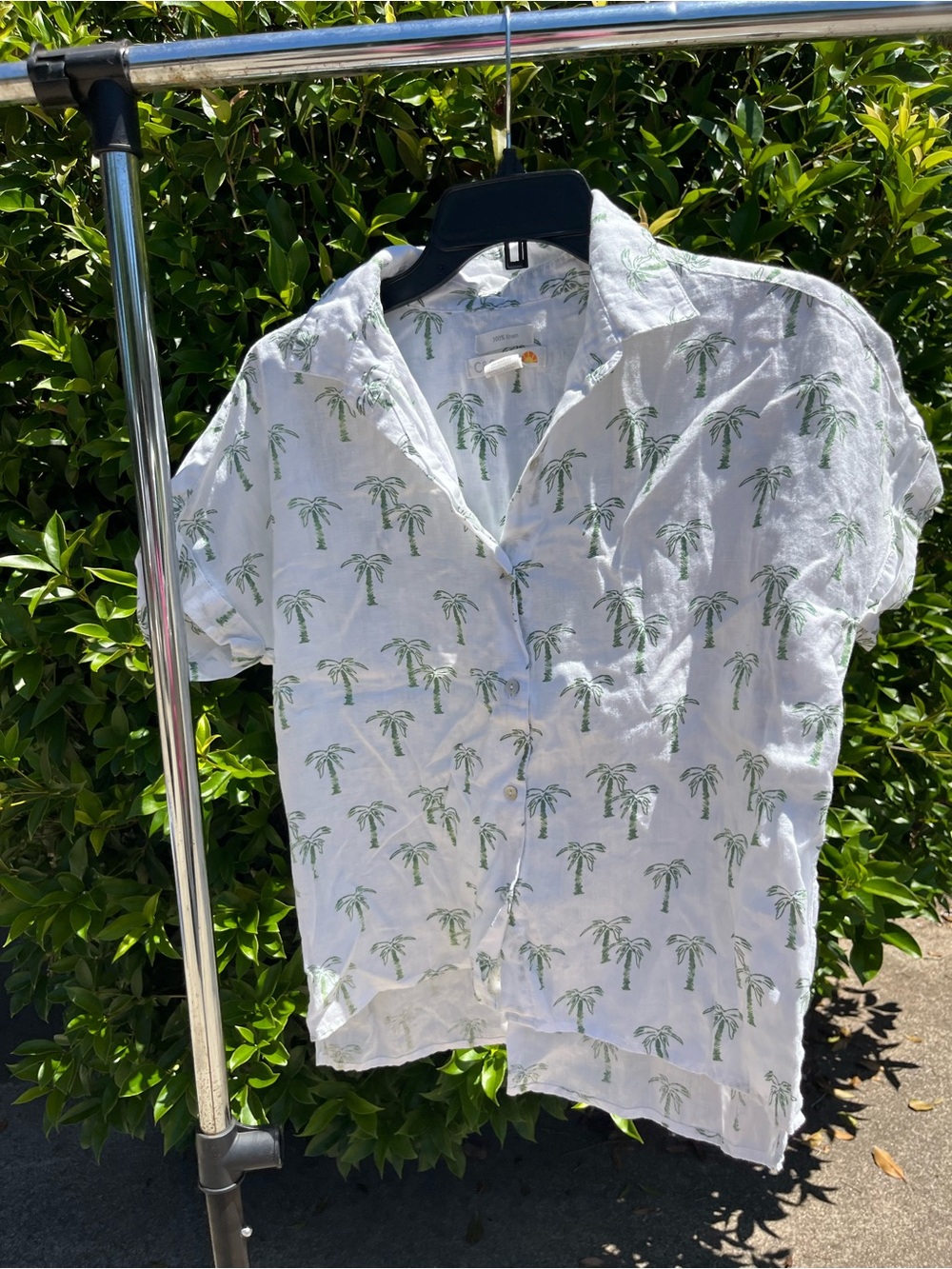 C.C White Short-Sleeve Button-Down with Green Palm Print